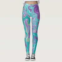 Purple, Teal and Gold Swirls Fluid Art Marble Leggings