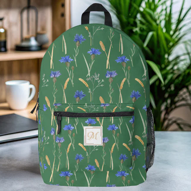 Green Floral Wildflower Monogram Printed Backpack