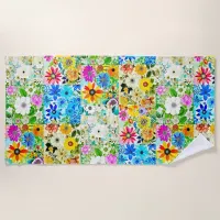 Floral Patchwork Art Watercolor Flowers Beach Towel