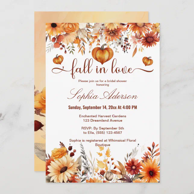 Watercolor Floral Fall In Love Pumpkin Hearts Invitation