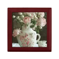 Pretty Pink Roses in Vintage Antique China Teapot Gift Box
