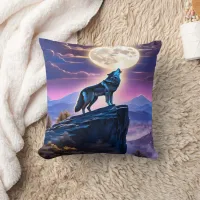 Wolf Howling at Full Moon Over Mystic Mountains Throw Pillow