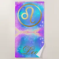 Zodiac Sign Leo Gold on Colorful Background | Beach Towel