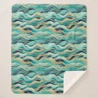 Ocean Waves Faux Gold Teal Turquoise Patterned Sherpa Blanket