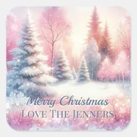 Pink Winter Wonderland Christmas Personalized Square Sticker