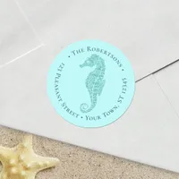 Beach Christmas Seahorse Aqua Round Return Address Classic Round Sticker