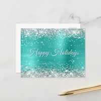 Faux Shiny Silver Glitter Turquoise Foil Happy Holiday Postcard