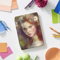 Dreamy kitschy Maiden with Flower Wreath AI Art iPad Pro Cover