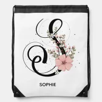 Alphabet Script Letter S Floral Monogram Flower Drawstring Bag