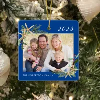 Blue Family Photo Christmas Beach Starfish  Ceramic Ornament