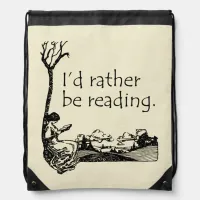 I'd Rather Be Reading with Vintage Illustration Drawstring Bag