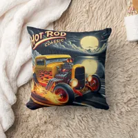 Classic hot rod racing under a luminous full moon throw pillow