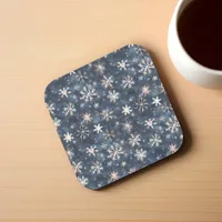 Simple Dark Blue with Snowflakes Beverage Coaster