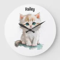 Cute Watercolor Kitten with Blue Eyes  Large Clock