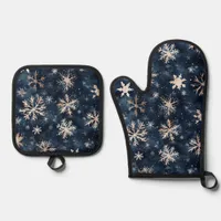 Simple Dark Blue with Snowflakes Oven Mitt & Pot Holder Set