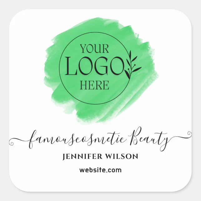 Green watercolor brushstroke upload your logo square sticker