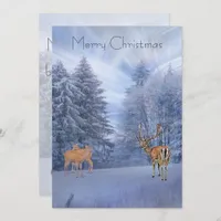 Magical winter forest with deer, christmas  holiday card