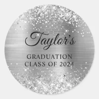 Glittery Silver Foil Graduation Classic Round Sticker