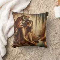 Native American Woman With Tiger by River at Dusk Throw Pillow