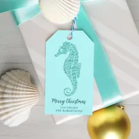 Aqua Blue Coastal Christmas Seahorse Glitter Gift Tags