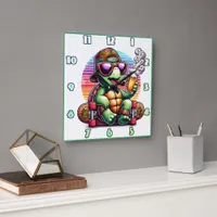 A cool turtle enjoying a drink on a skateboard square wall clock