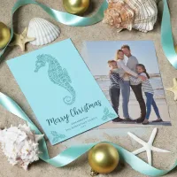 Aqua Blue Glitter Seahorse Coastal Christmas Photo Holiday Card