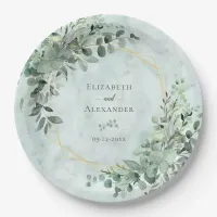 Marble Elegant Greenery Gold Geometric Wedding Paper Plates