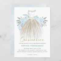 Dusty Blue gold glitter Floral Dress Quincea&#241;era Invitation