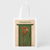 Southwest Chile Wreath on Rustic Green Wood Door Grocery Bag