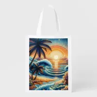 Mosaic Ai Art | Ocean Sunset and Palm Trees Grocery Bag