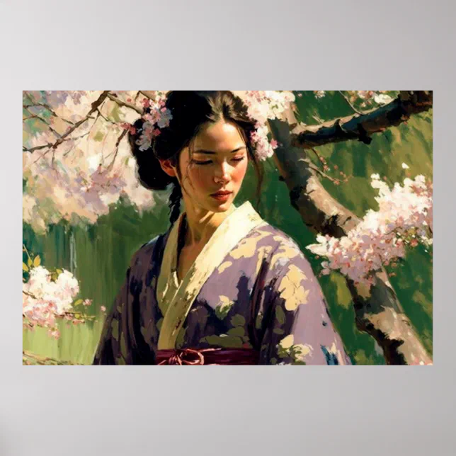 Woman Walking Under Cherry Trees on a Sunny Day Poster