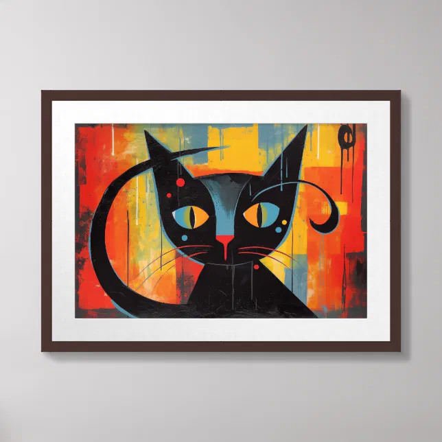 Abstract black cat painting framed art