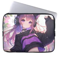 Pretty Anime Girl in Headphones with Cat Ears Laptop Sleeve