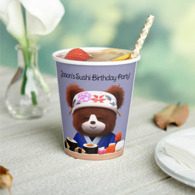 Cute Teddy Bear Sushi Chef Birthday Party Paper Cups