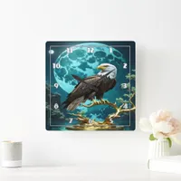 Eagle Perched on Golden Tree Branch at Night Square Wall Clock