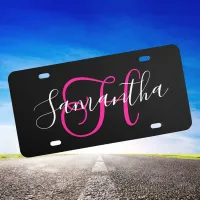 Girly Script Deep Pink Monogram Black License Plate