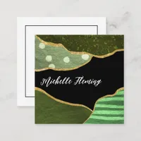 Green and Gold Linen Fabric Square Business Card