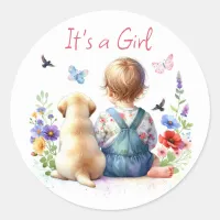 Baby Girl and her Puppy | It's a Girl Watercolor Classic Round Sticker