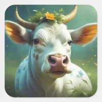 Cute White Ai Cow with Horns and Flowers Square Sticker