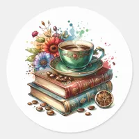 Vintage Books, Flowers and Coffee or Tea Classic Round Sticker