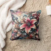 Colorful Lily Patterns With Fractal Design Throw Pillow