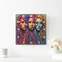 Colorful Portraits of Three Women With Wavy Hair Square Wall Clock