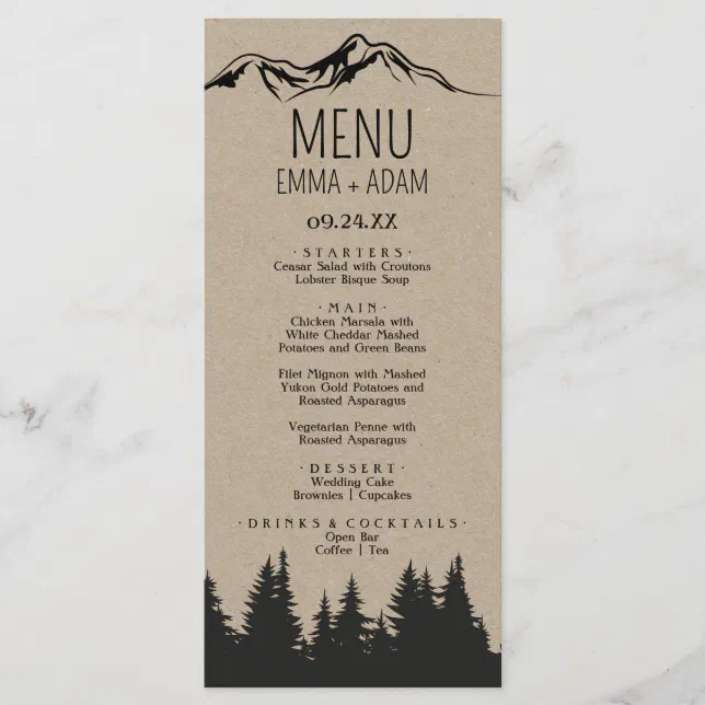 Rustic Woodsy Mountain Dinner Menu Card