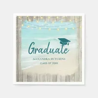 Ocean Beach Rustic Wood Lights Graduate Party Napkins