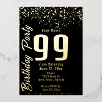 Black and Faux Gold Glitter 99th Birthday Party Foil Invitation