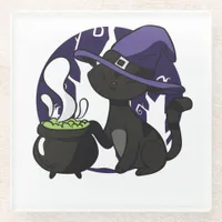 Witches Black Cat Adorable Halloween Glass Coaster