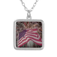 American Flag and Fireworks Silver Plated Necklace