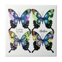 Aqua, Pink, and Yellow -  Elegant Butterflies Ceramic Tile