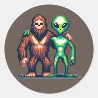 Extraterrestrial Alien Being and Bigfoot Pixel Art Classic Round Sticker