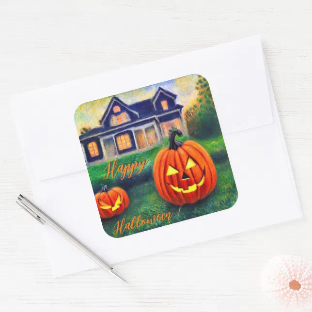 Happy Halloween - pumpkins in front of a house  Square Sticker